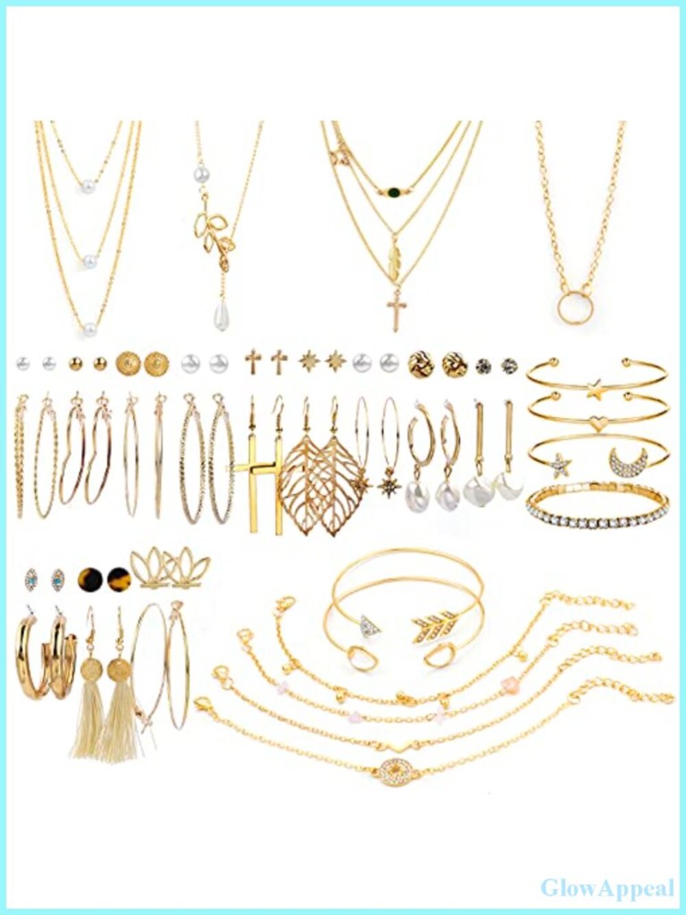 38-52PC Jewelry Set Necklace Bracelet Layered Ball Dangle Hoop Stud Earrings